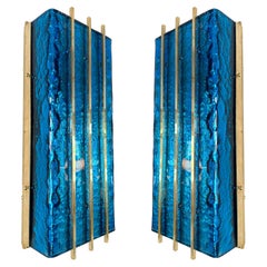 Contemporary Pair of Brass and Blue Murano Glass Sconces, Italy