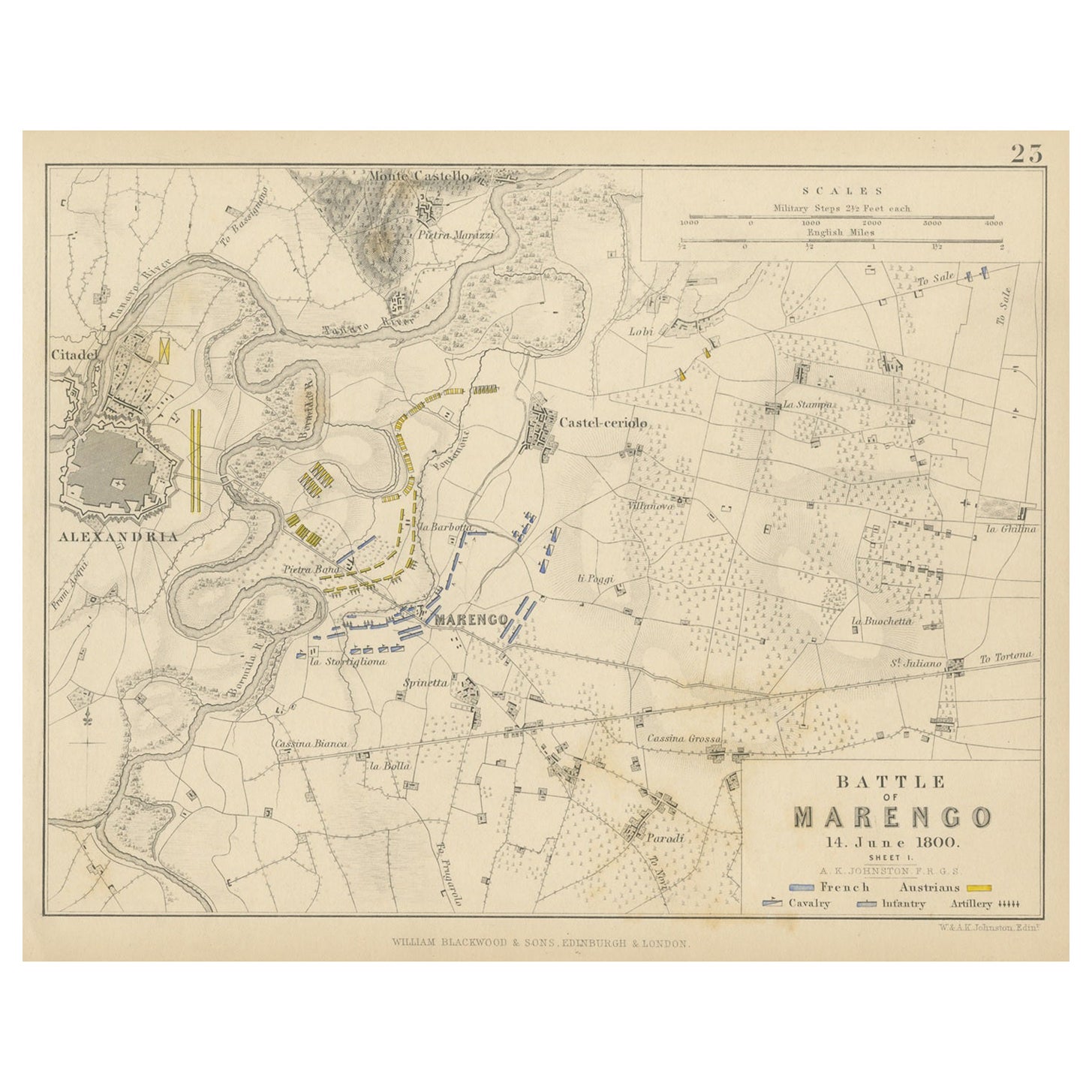 Plan antique de la bataille de Marengo, près d'Alexandrie, Italie, 1852