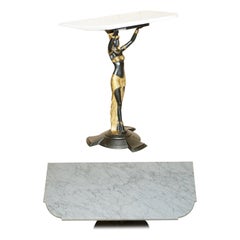 Egyptian Revival Cast Iron Gold Gilt Console Table Italian Carrara Marble Top