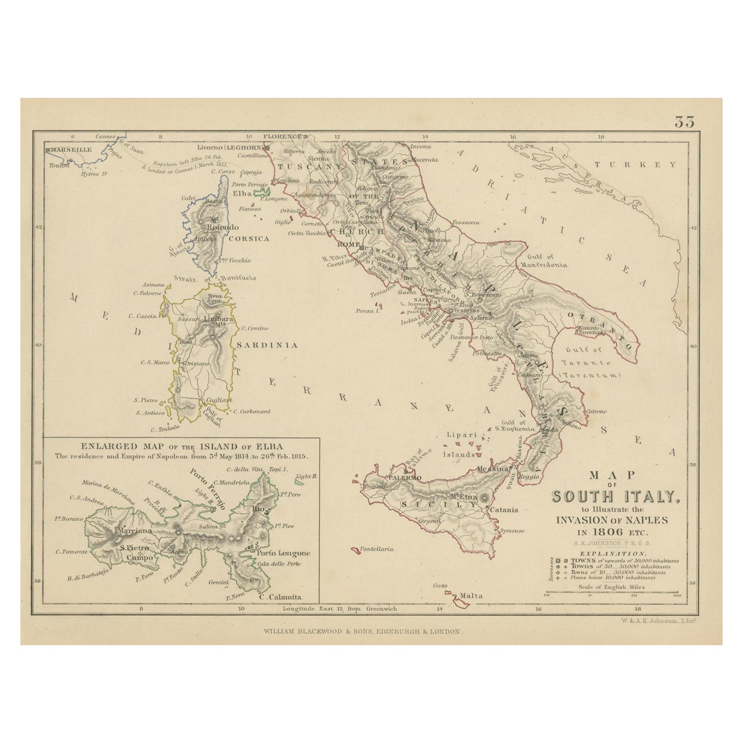 Antike Karte von Süditalien, die Invasion von Neapel im Jahr 1806 illustriert