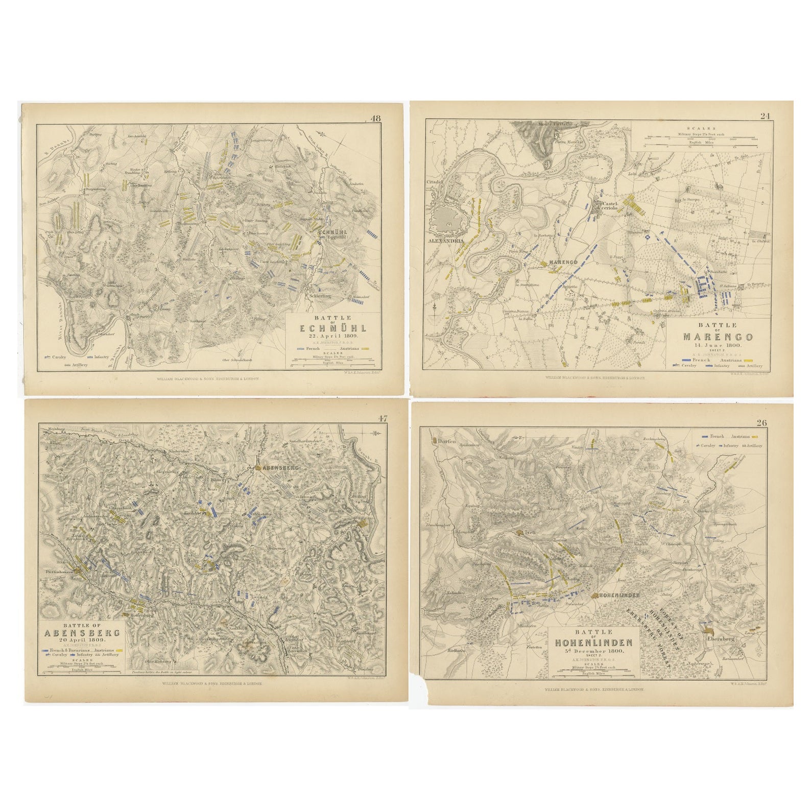 Four Antique Battle Plans of Echmühl, Hohenlinden, Abensberg and Marengo, 1852 For Sale