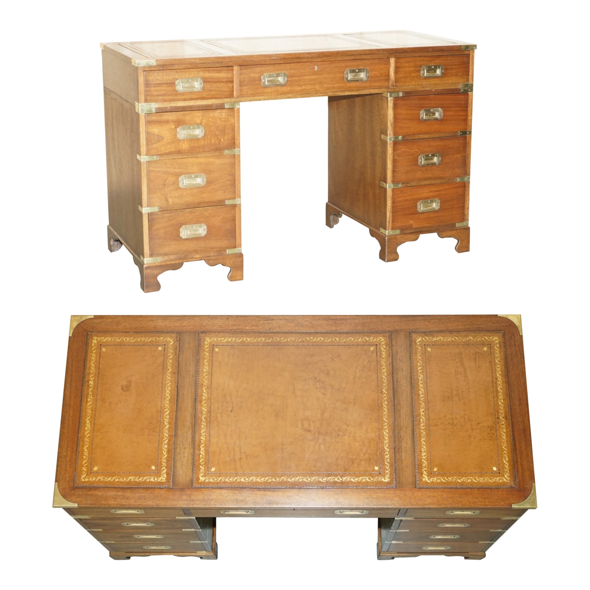 Fully Restored Harrods Kennedy Brown Leather Military Campaign Pedestal Desk For Sale