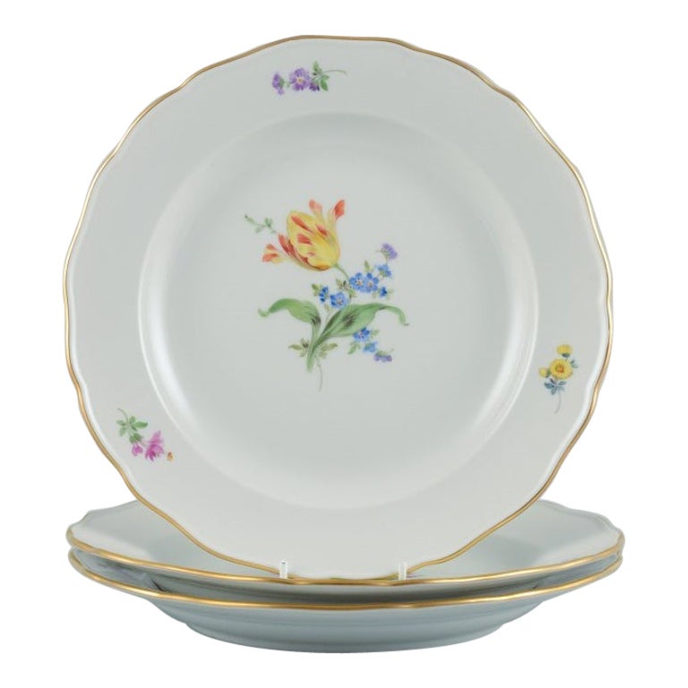 Meissen, Germany. Three Large Dinner Plates in Porcelain with Flowers