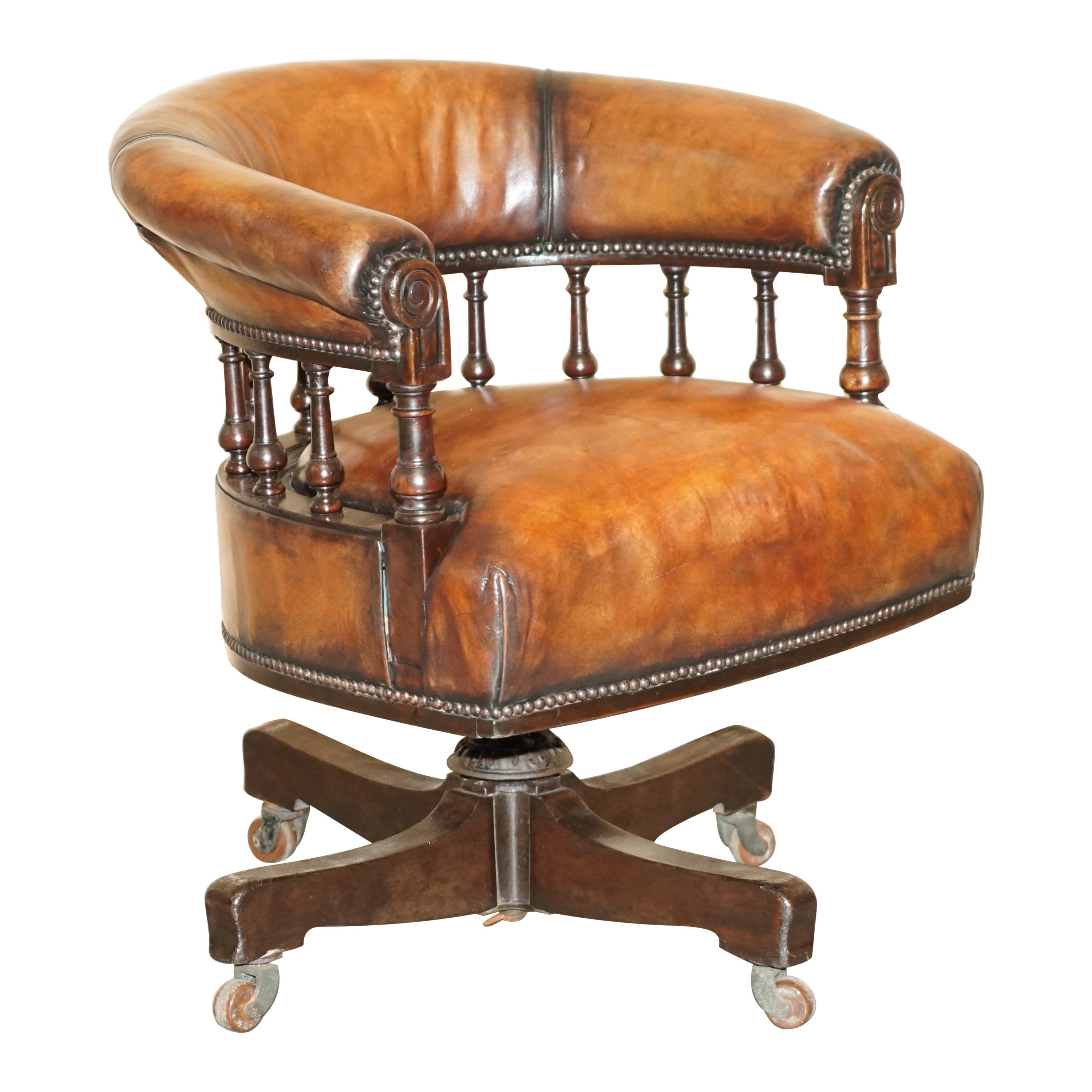 Sublime Antique circa 1860 Fully Restored Brown Leather Swivel Captains Chair