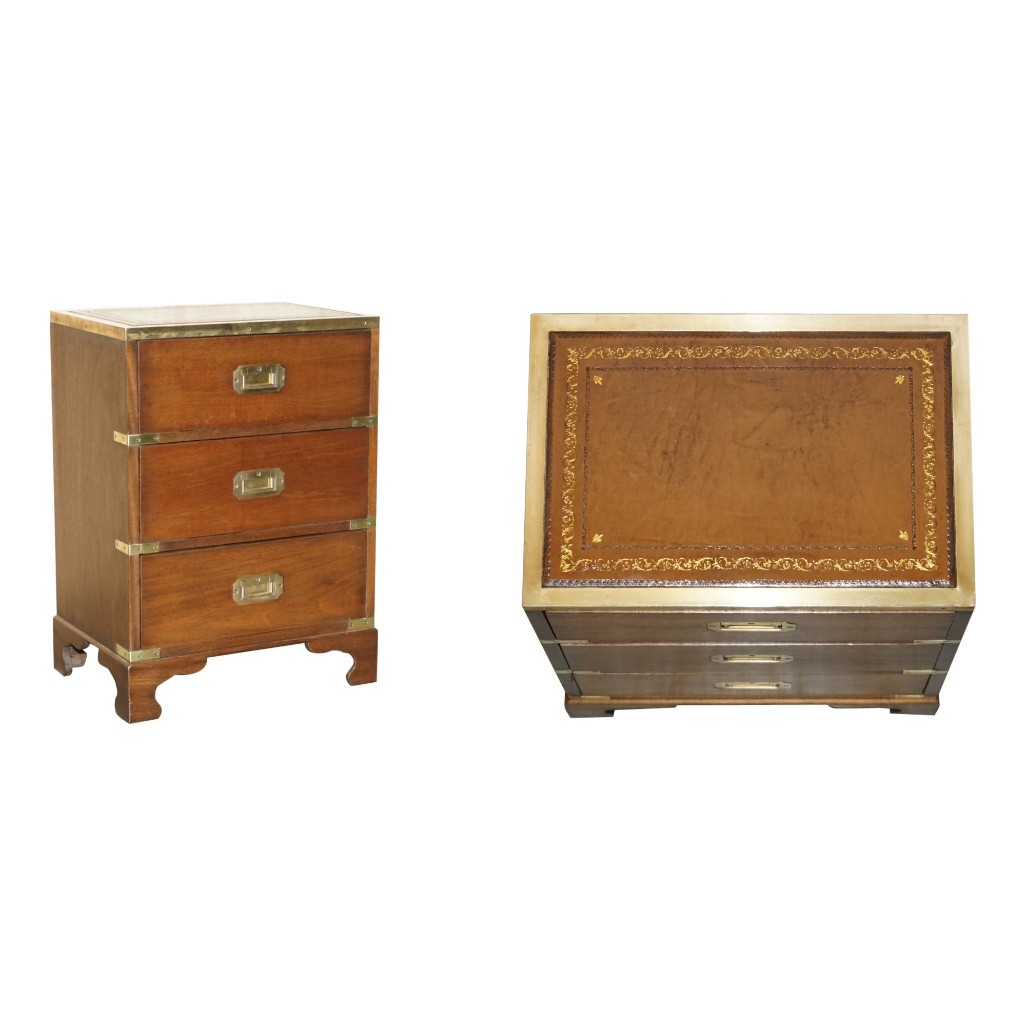 Fully Restored Harrods Kennedy Military Campaign Side End Table Drawers Leather For Sale