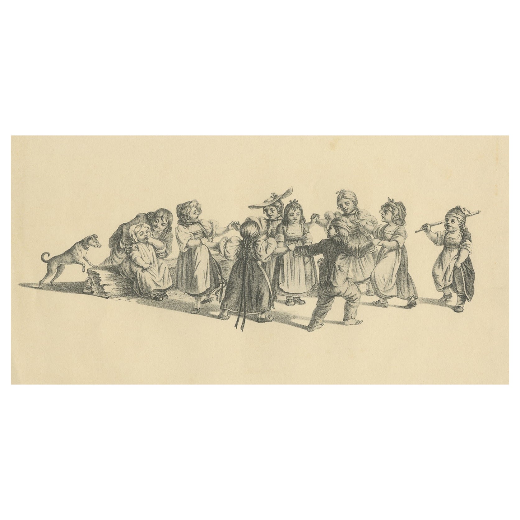 Antique Print of a Group of Children Dancing in a Circle