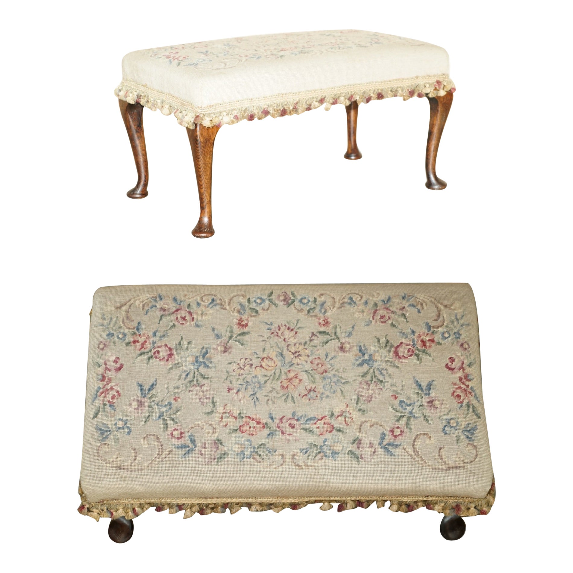 Large Antique Victorian Oak Cabriole Legged Footstool Embroidered Upholstery For Sale