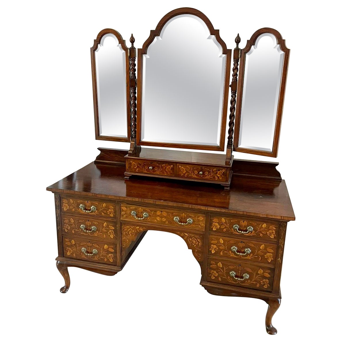 Outstanding Quality Antique Walnut Floral Marquetry Inlaid Dressing Table For Sale