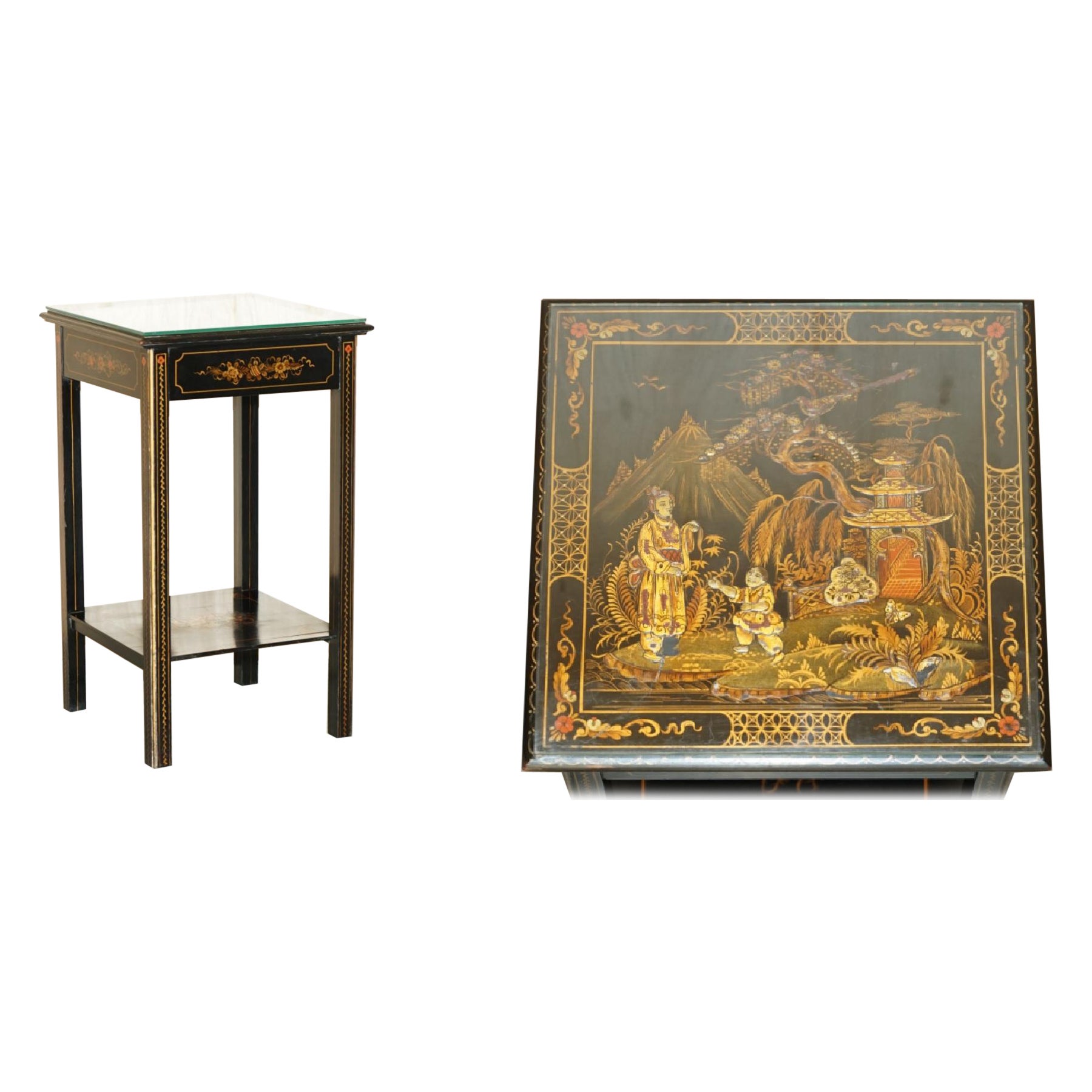Antique Edwardian circa 1910 Chinese Chinoiserie Lacquered Side End Lamp Table For Sale