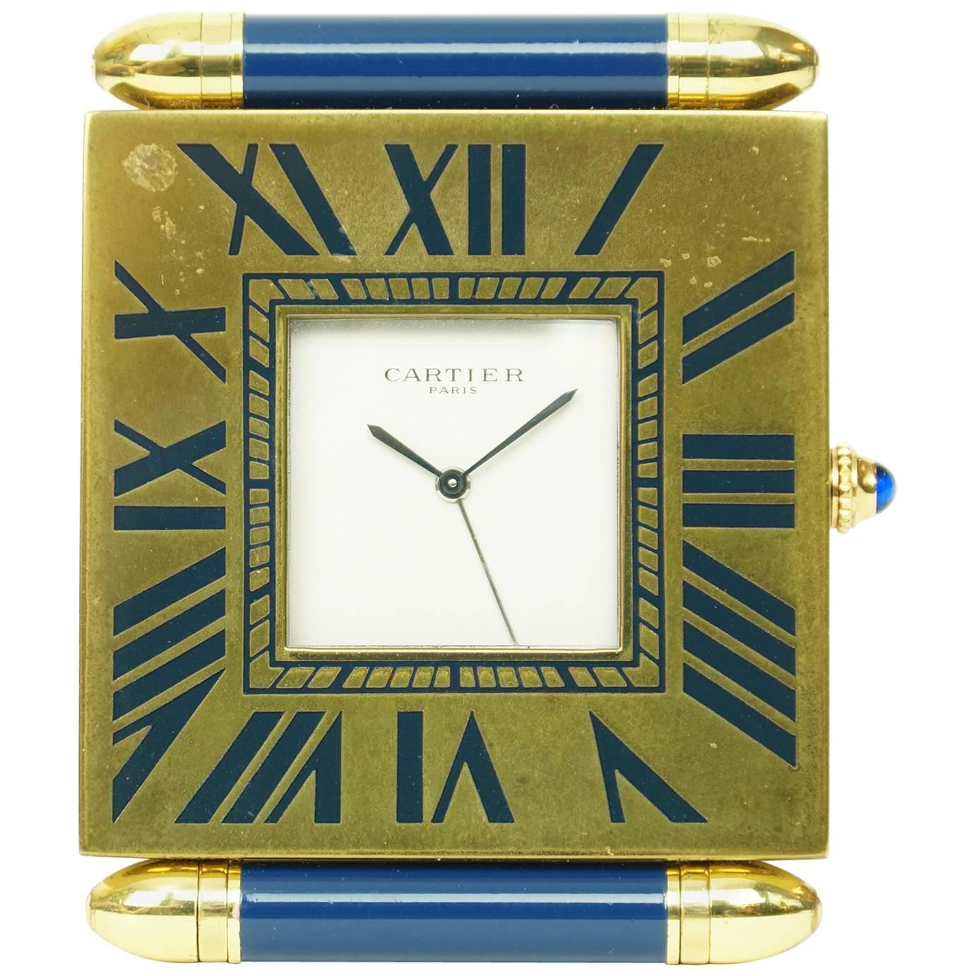 Blue Enamel and Brass Cartier Traveling Desk Clock