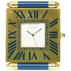 Blue Enamel and Brass Cartier Traveling Desk Clock