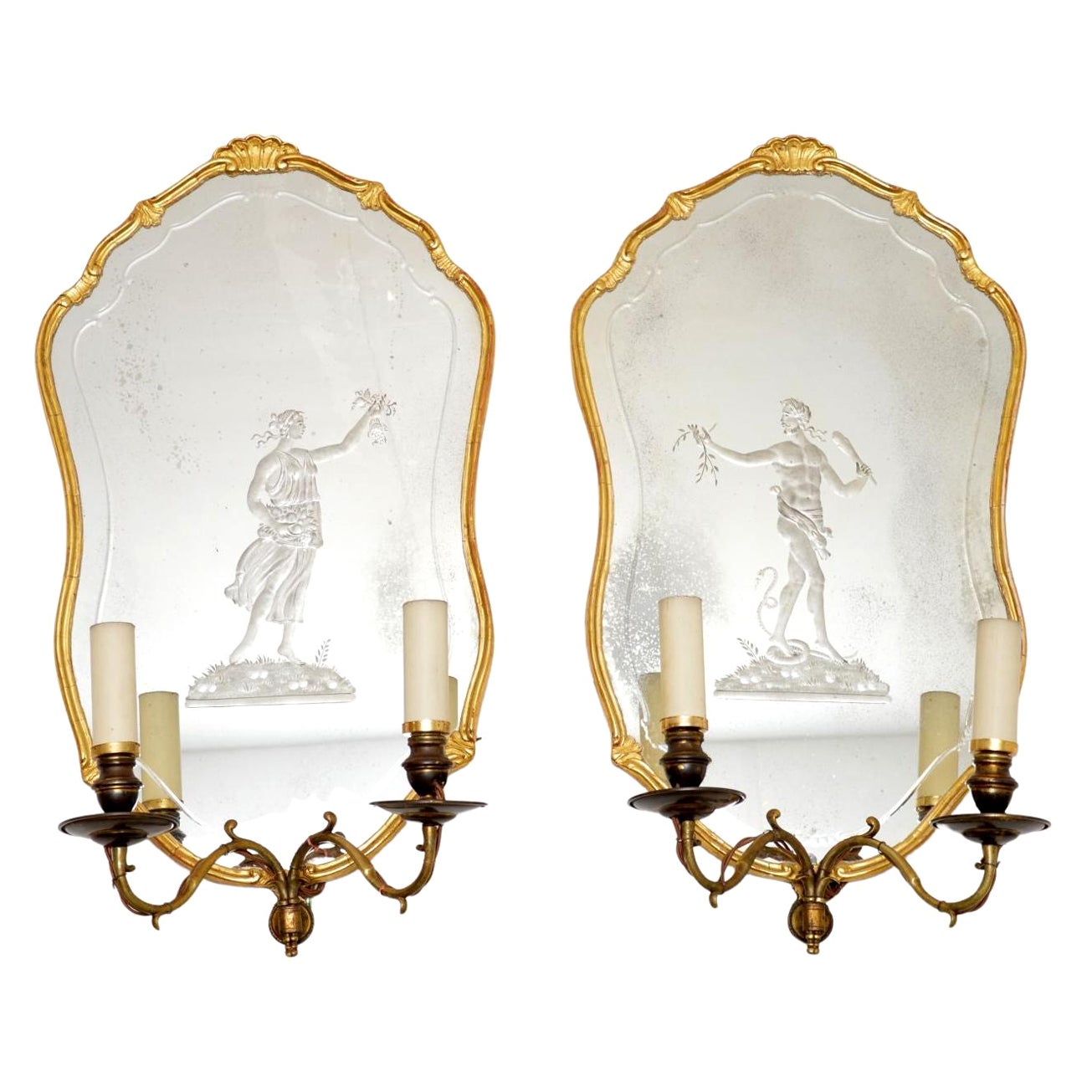 Pair of Antique French Gilt Wood Wall Sconce Mirrors For Sale