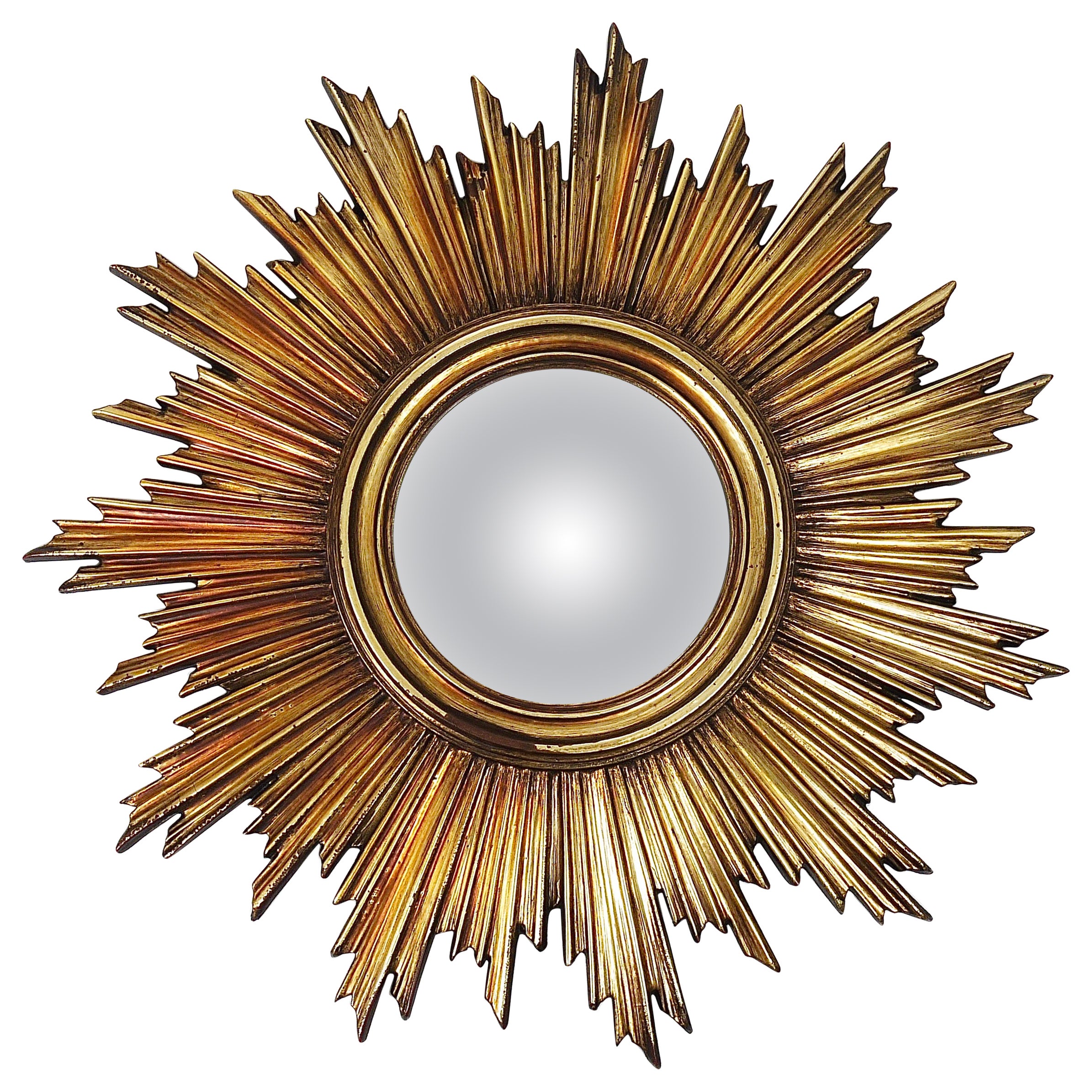 French Convex Soleil Sunburst Starburst Gilt Wall Mirror, Hollywood Regency For Sale