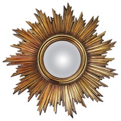 French Convex Soleil Sunburst Starburst Gilt Wall Mirror, Hollywood Regency