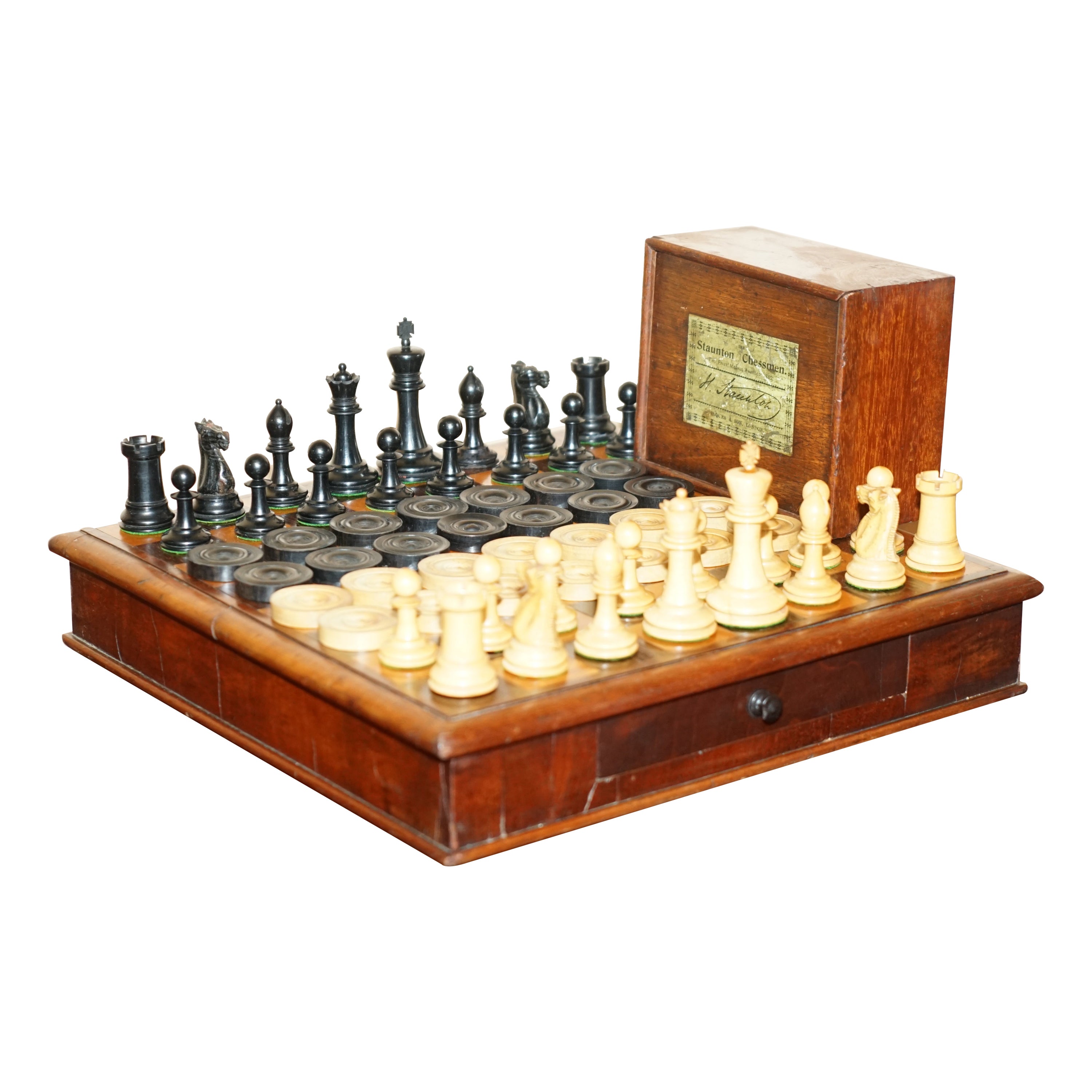 Jaques London Victorian Burr Walnut Chessboard Staunton Chess Backgammon Pieces