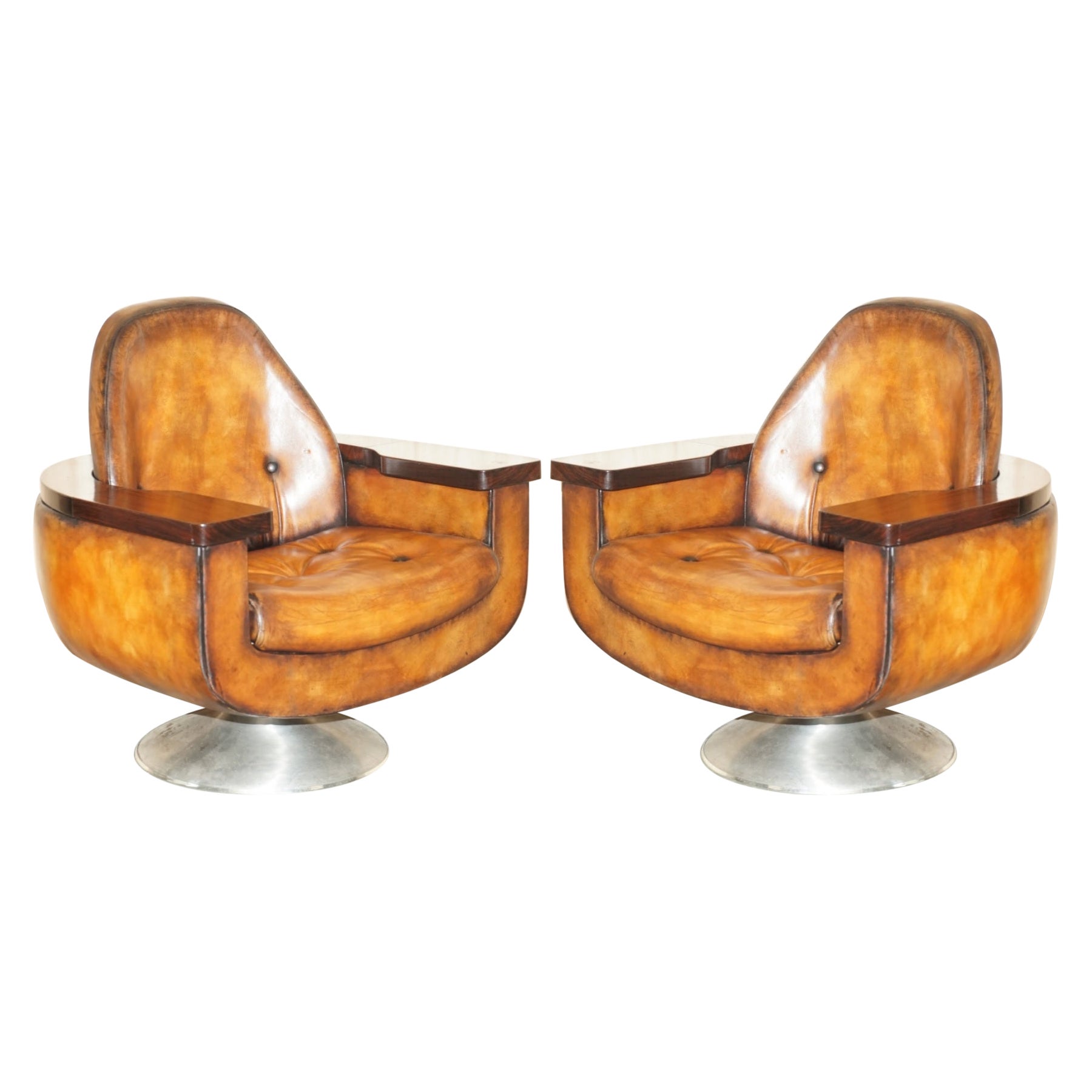 Pair of 1969 Peter Hoyte Whisky Brown Leather Hardwood Armchairs Fully Restored