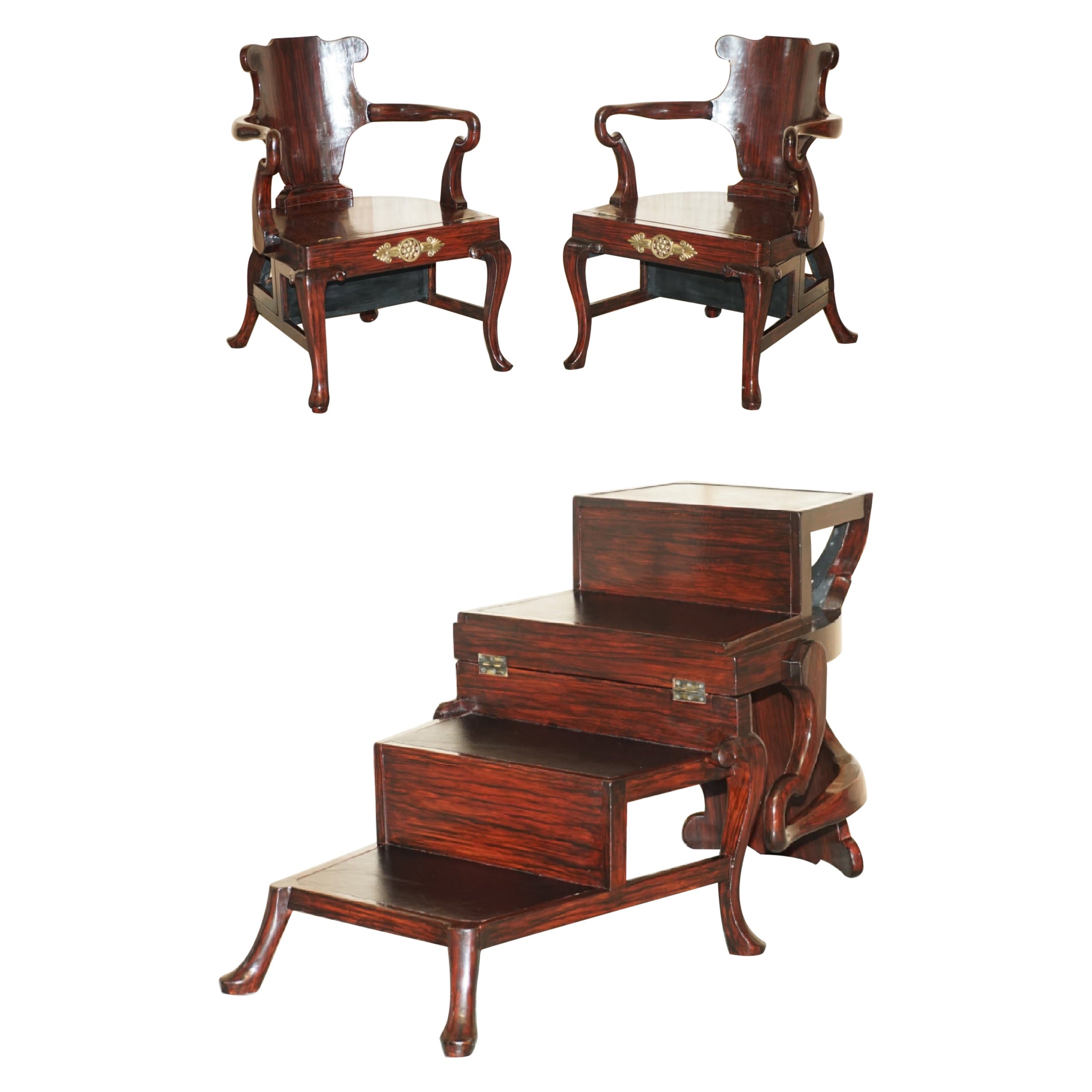 Pair of Hardwood Gilt Metal Empire Revival Metamorphic Library Steps Armchairs For Sale
