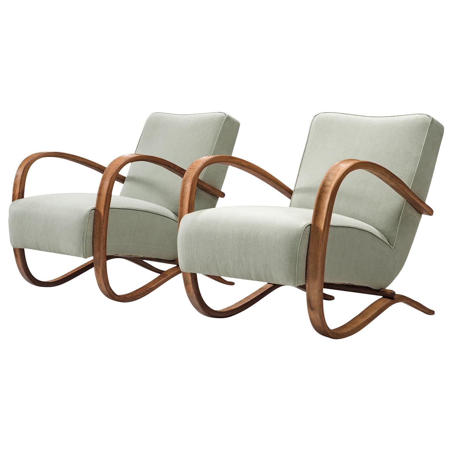 Jindrich Halabala Lounge Chairs in Mint Green Upholstery 
