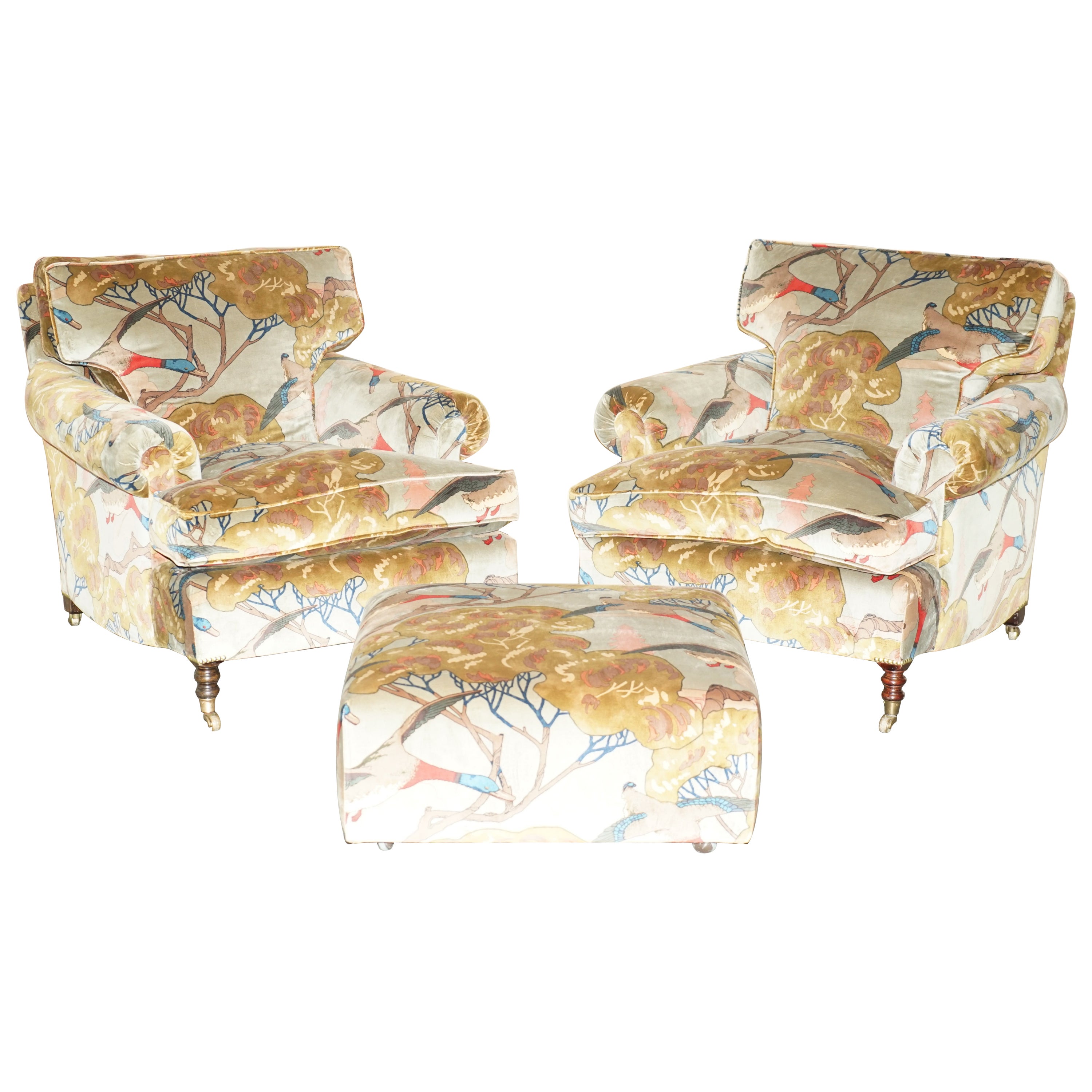 New Pair of George Smith Flying Ducks Armchairs & Ottoman Footstool For Sale