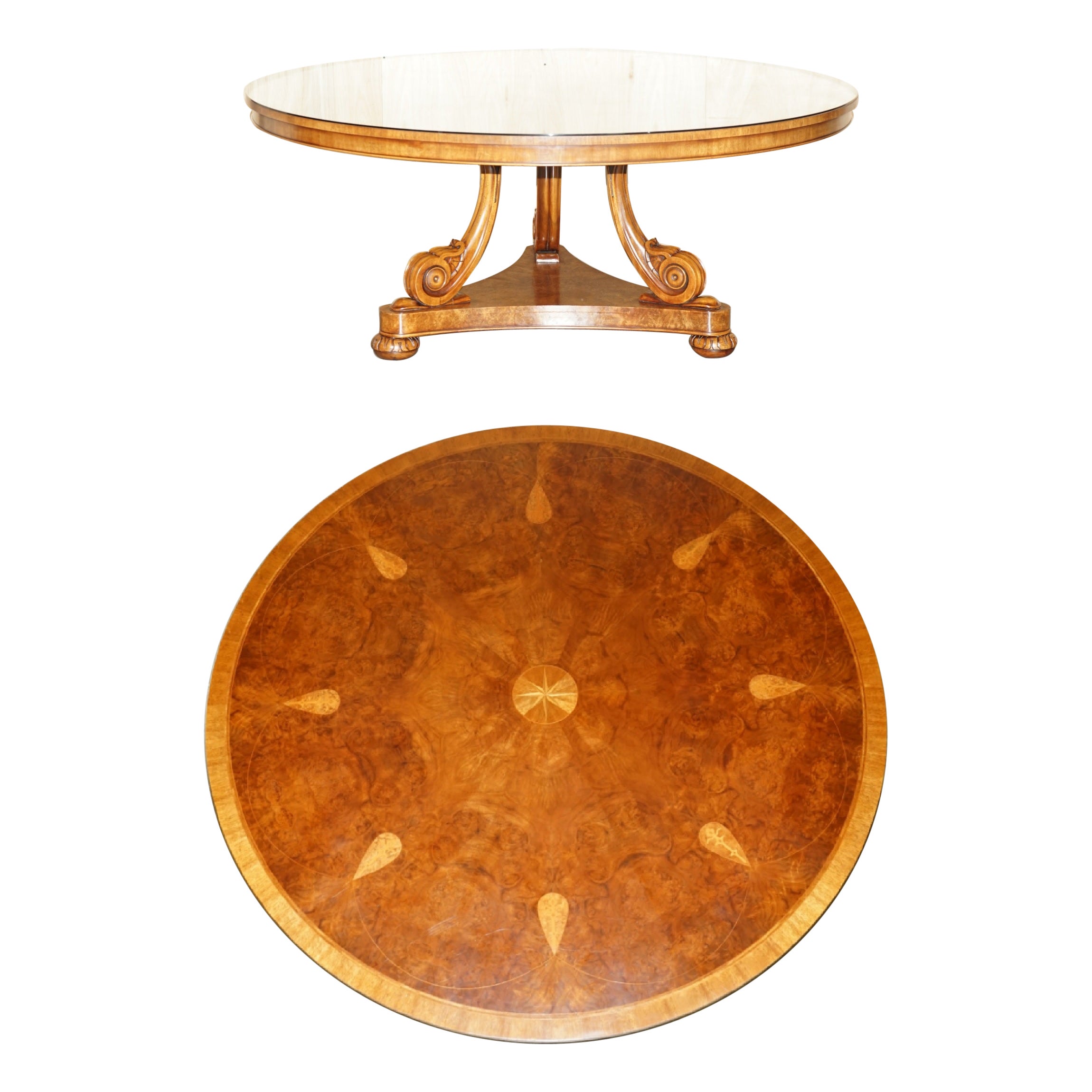 Large  Burr Walnut Hardwood & Satinwood Round Dining Table Seats 8 For Sale