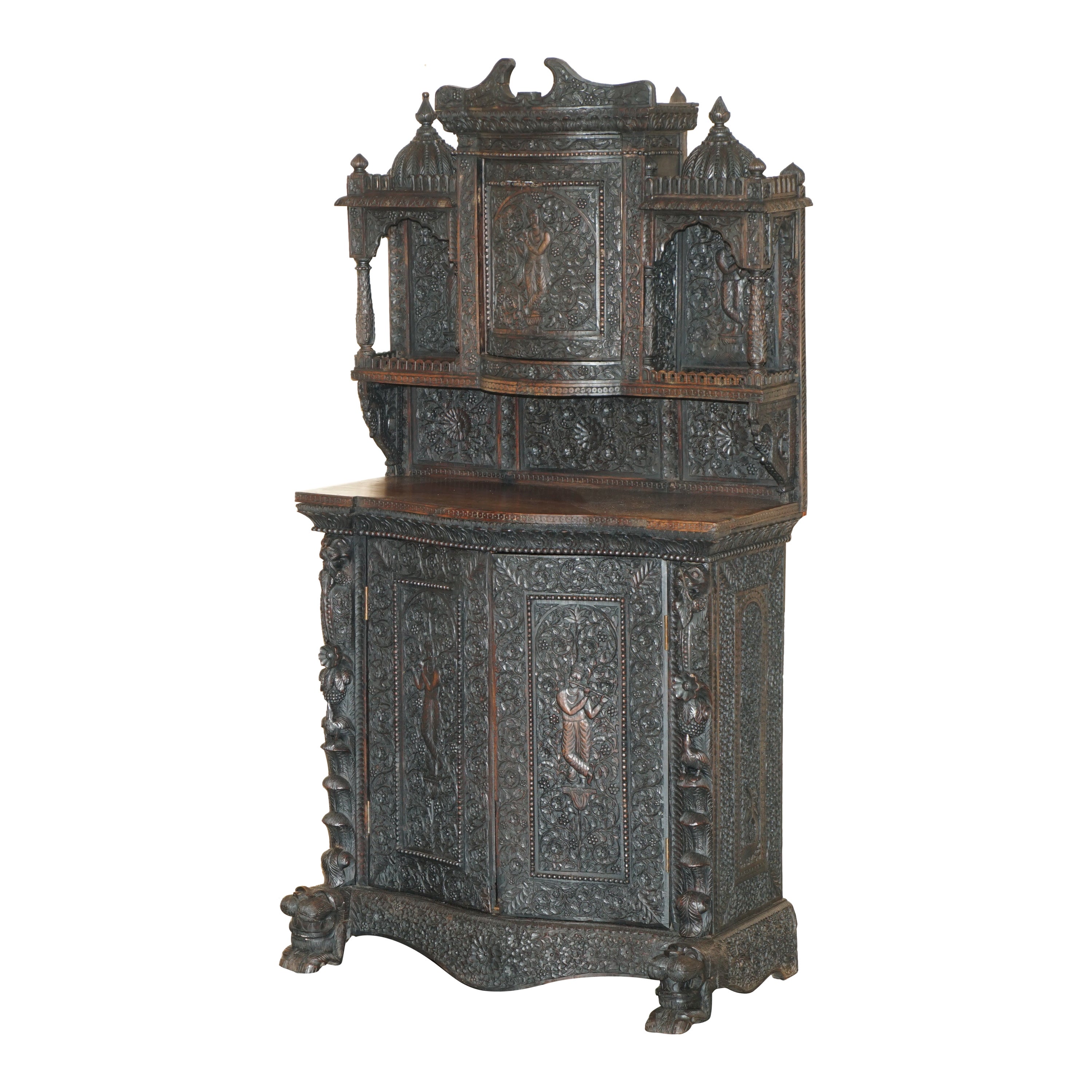 Antique circa 1860 Ornately Hand Carved Burmese Temple Dresser Sideboard Cabinet For Sale