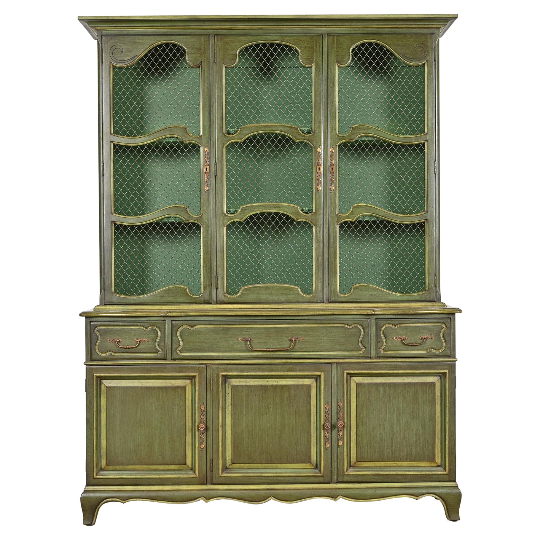 Karges French Provincial Louis XV Green Lacquered Breakfront Bookcase Cabinet