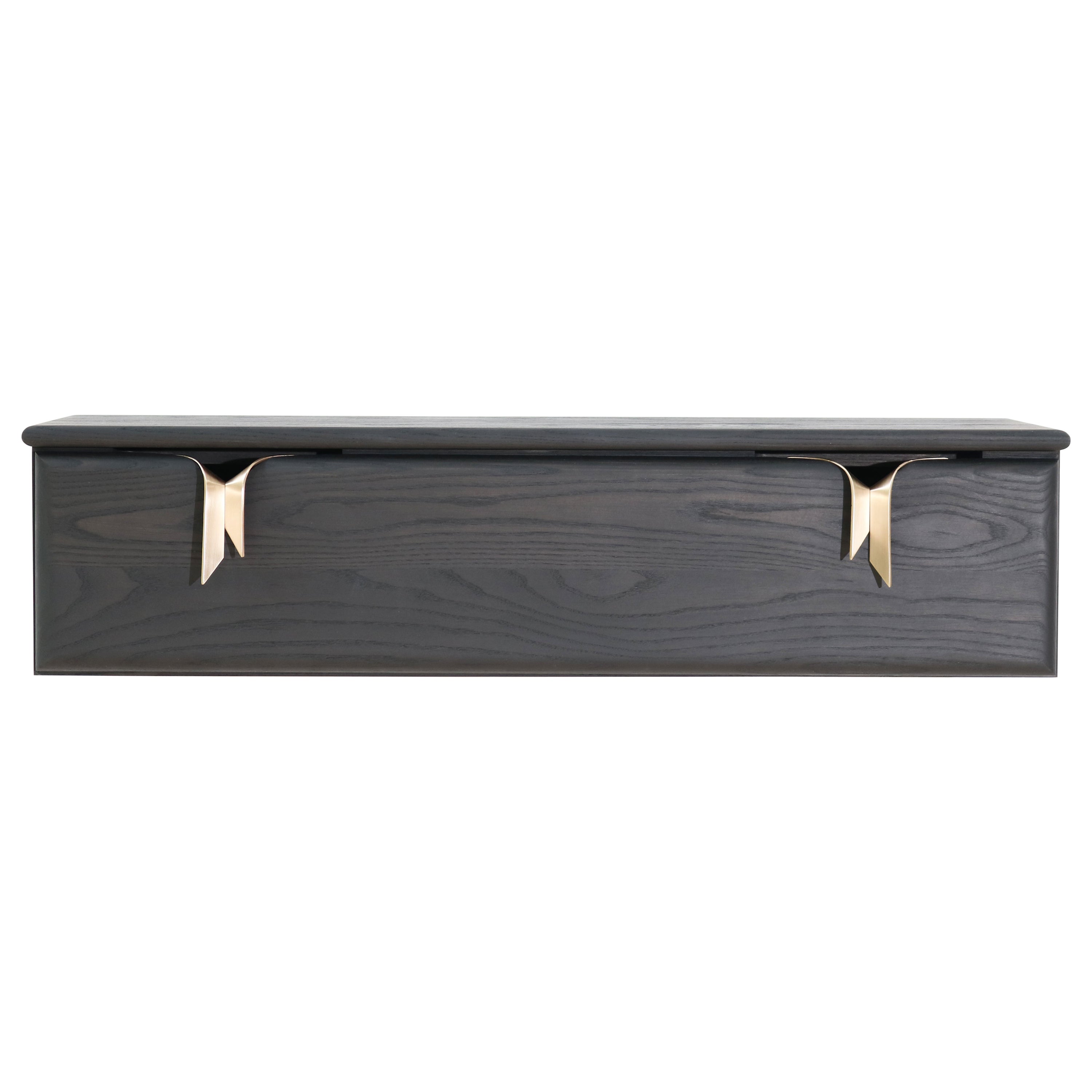 Wall Mounted Console Drawer, Black Wood & Bronze Ribbon Hardware by Debra Folz For Sale