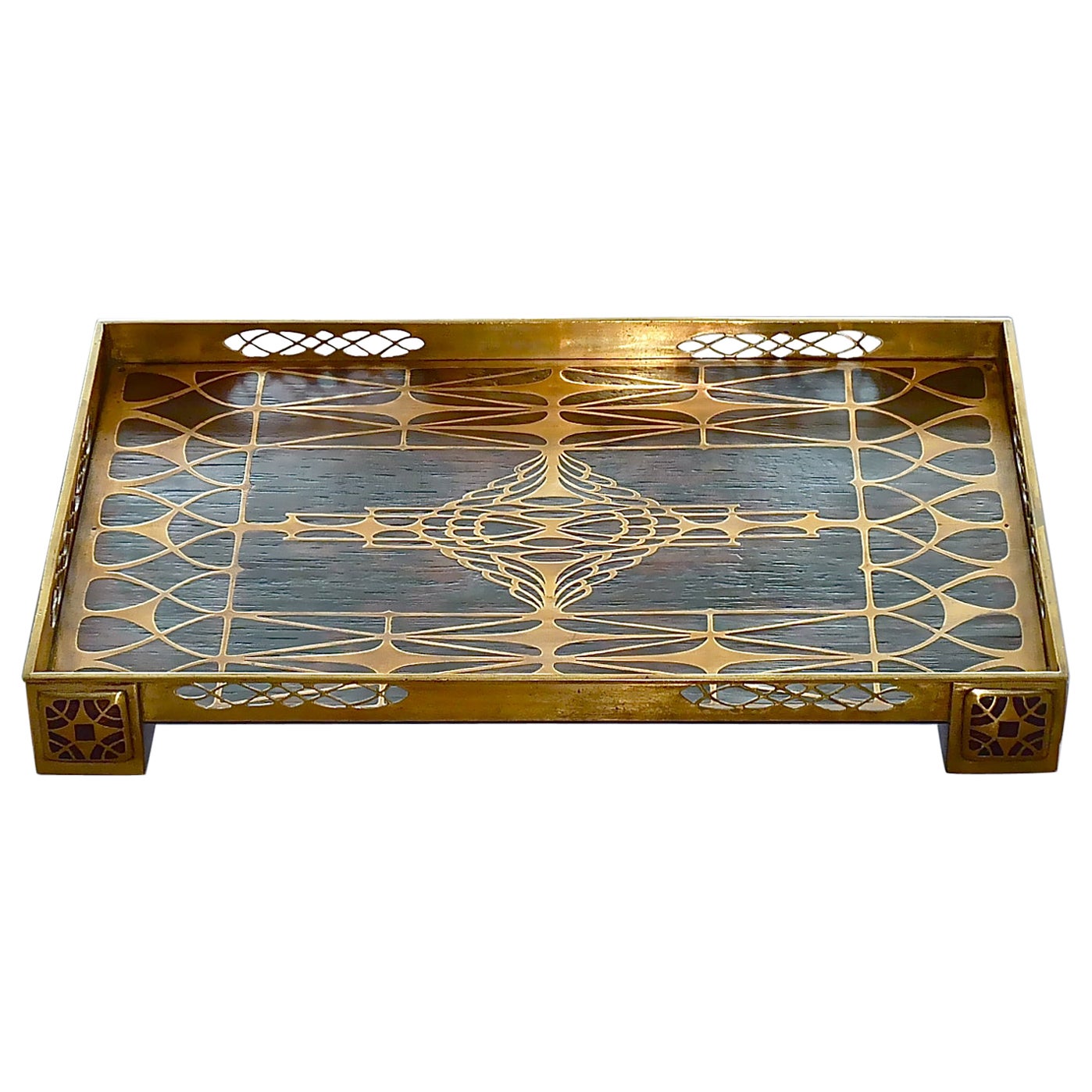 Large Tray and Pen Holder Pot Erhard & Sohne Wood Inlay Brass Art Nouveau, 1900