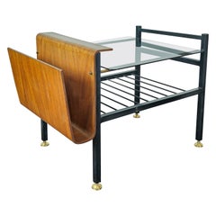 Porte-revues de table en bois, métal, laiton et verre, design italien du milieu du siècle, 1960