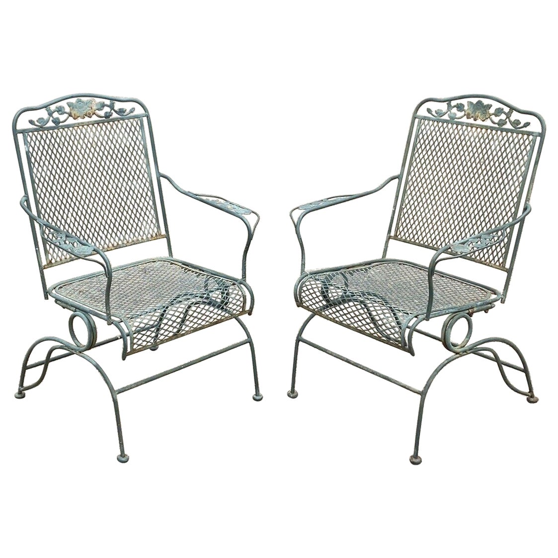 Meadowcraft Dogwood Green Wrought Iron Outdoor Patio Coil Spring Chairs, Pair For Sale