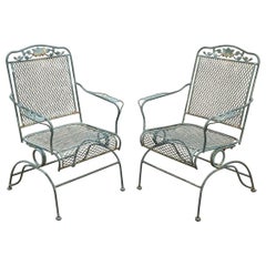 Meadowcraft Dogwood Green Wrought Iron Outdoor Patio Coil Spring Chairs, Pair