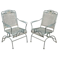 Vintage Meadowcraft Dogwood Green Wrought Iron Outdoor Patio Coil Spring Chairs, Pair