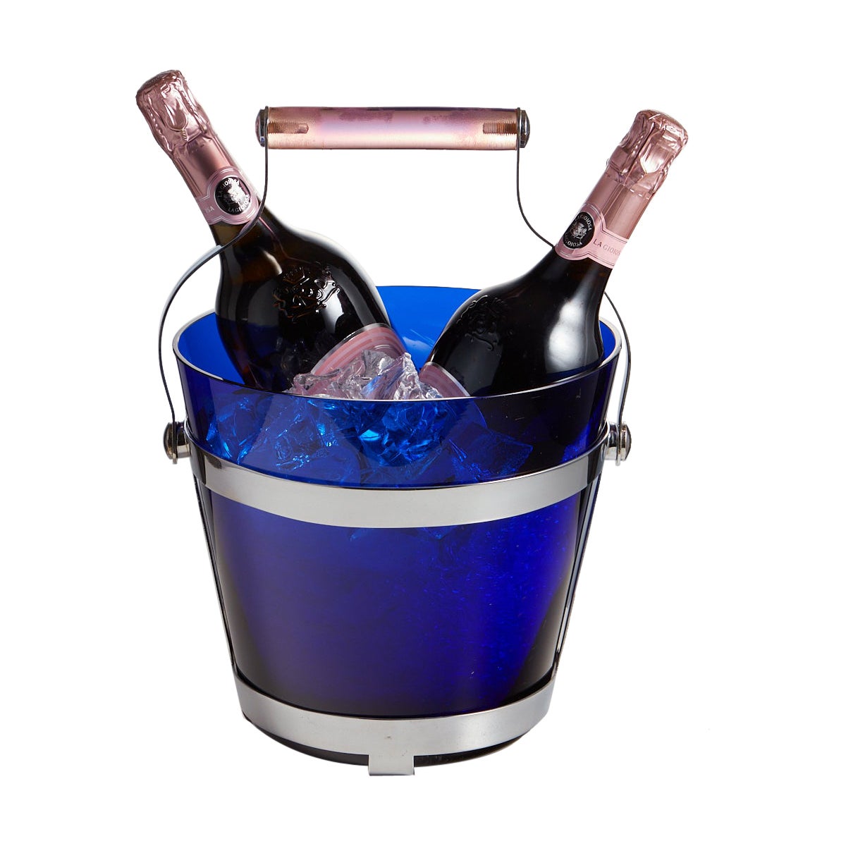 Mid-20th Large Blue Glass Ice Bucket Cooler with Pink Lucite Handle Spain 1960 For Sale