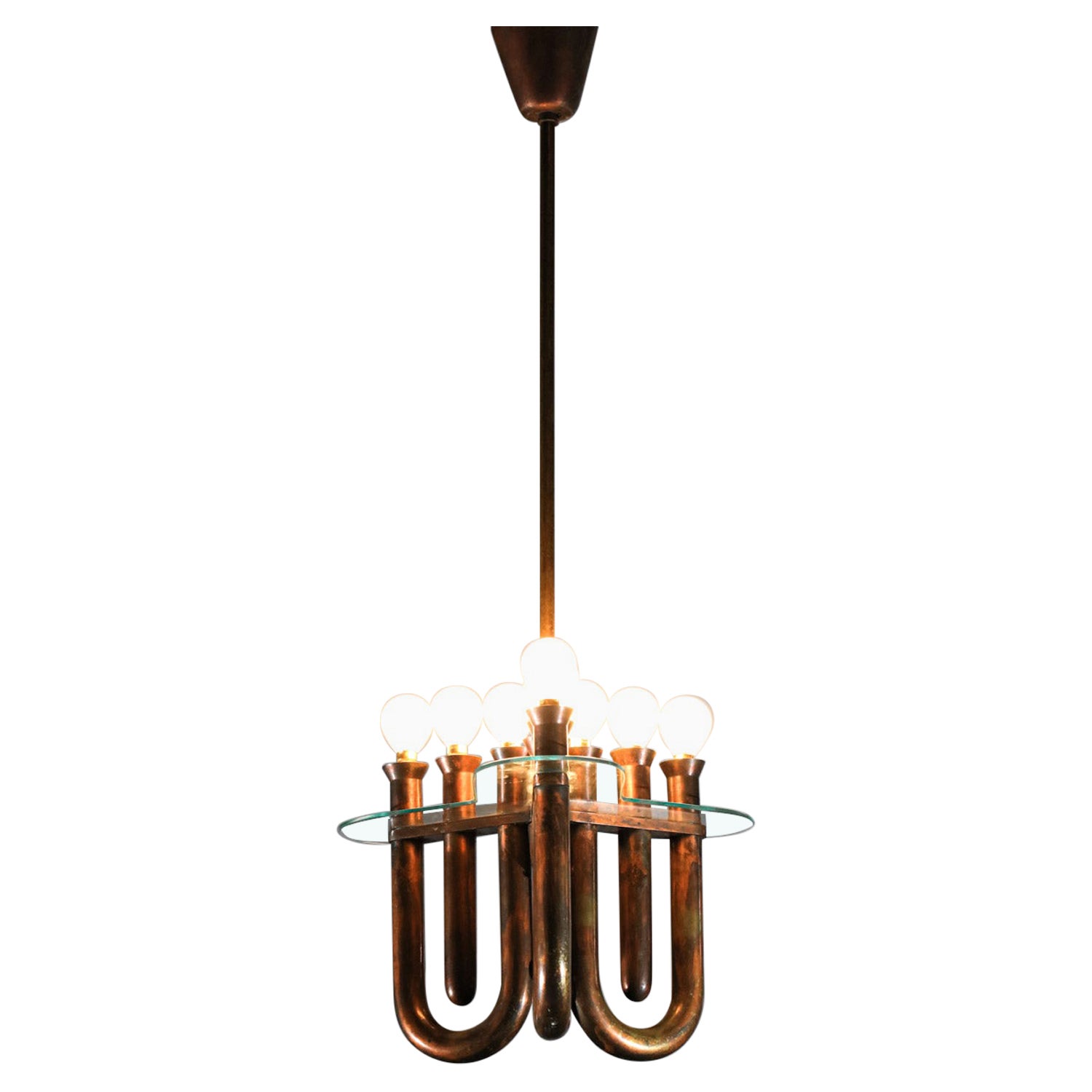 Italian hanging lamp in bent copper tubes from the 50's For Sale