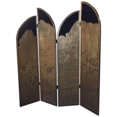 Four-Panel Art Deco Style Floor Screen, Gold and Black