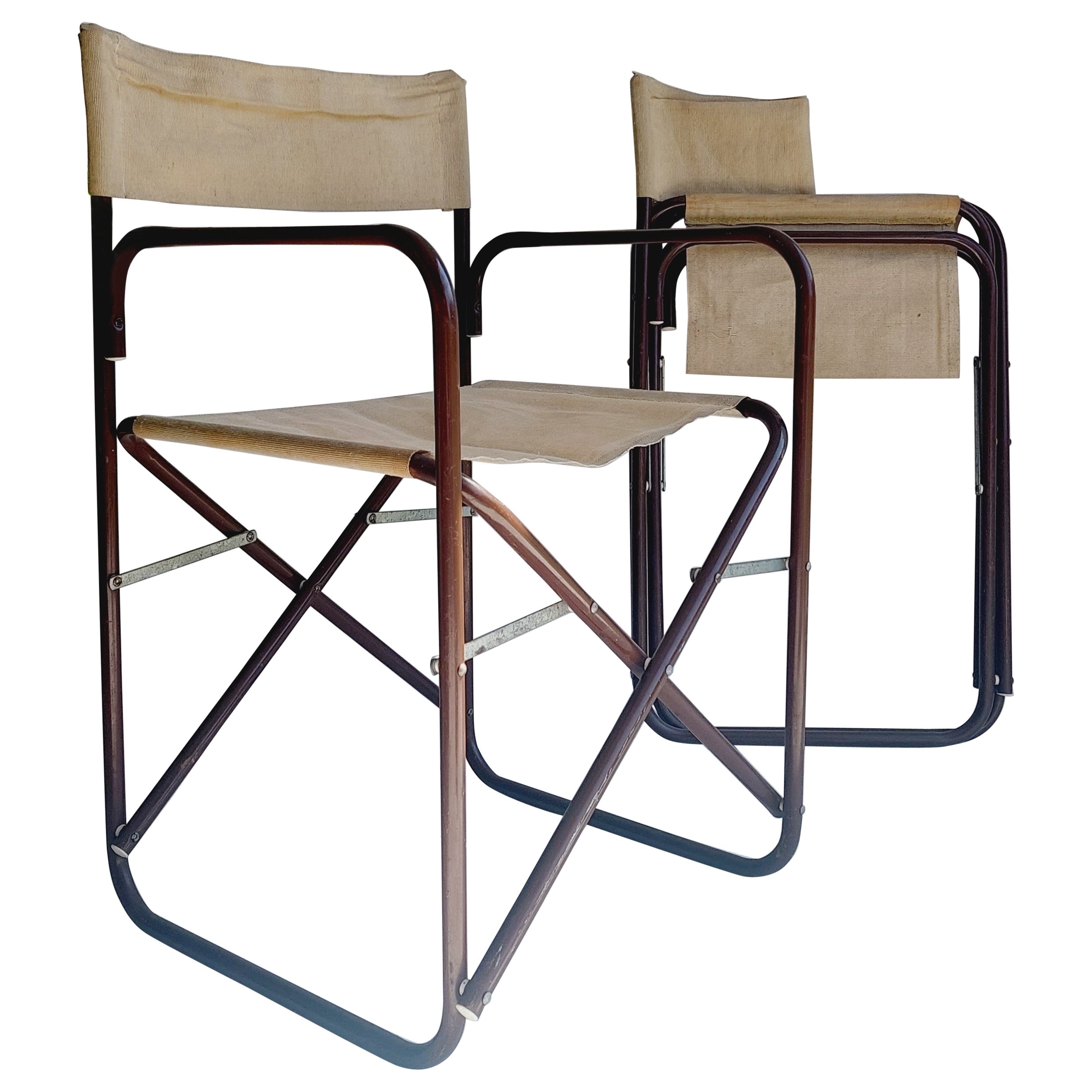 Vintage Folding Campaign Director’s 2 Chairs Metal & Canvas Gae Aulenti Style