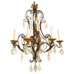 Eight-Arm Wrought Iron and Crystal Chandelier with Gilt Highlights