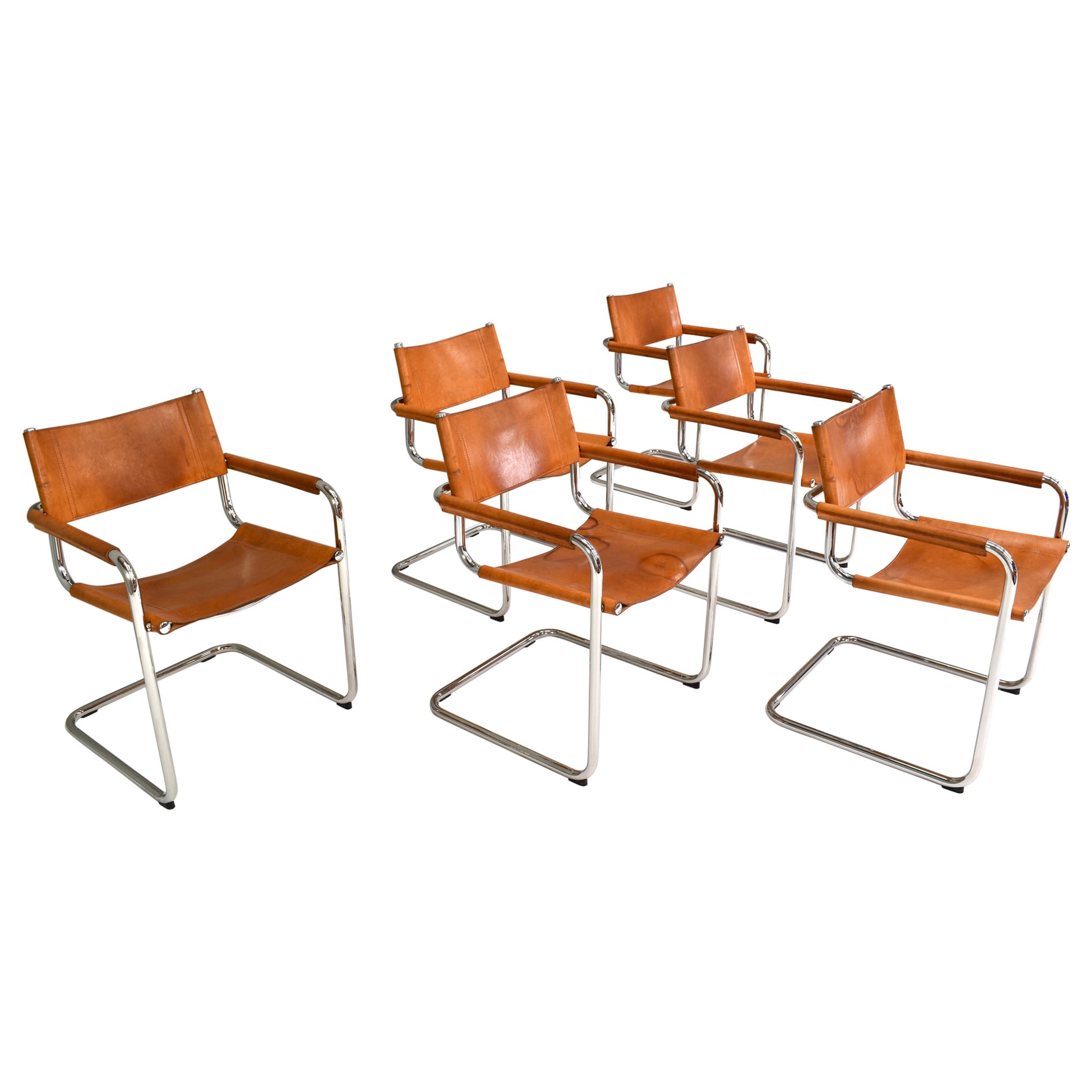 Set of Six Mart Stam S34 Dining Chairs in Tan Leather by Fasem, Italy, 1960s For Sale