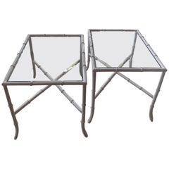 Vintage Pair Faux Bamboo Metal Side End Tables Powder-Coated White Patio Outdoor
