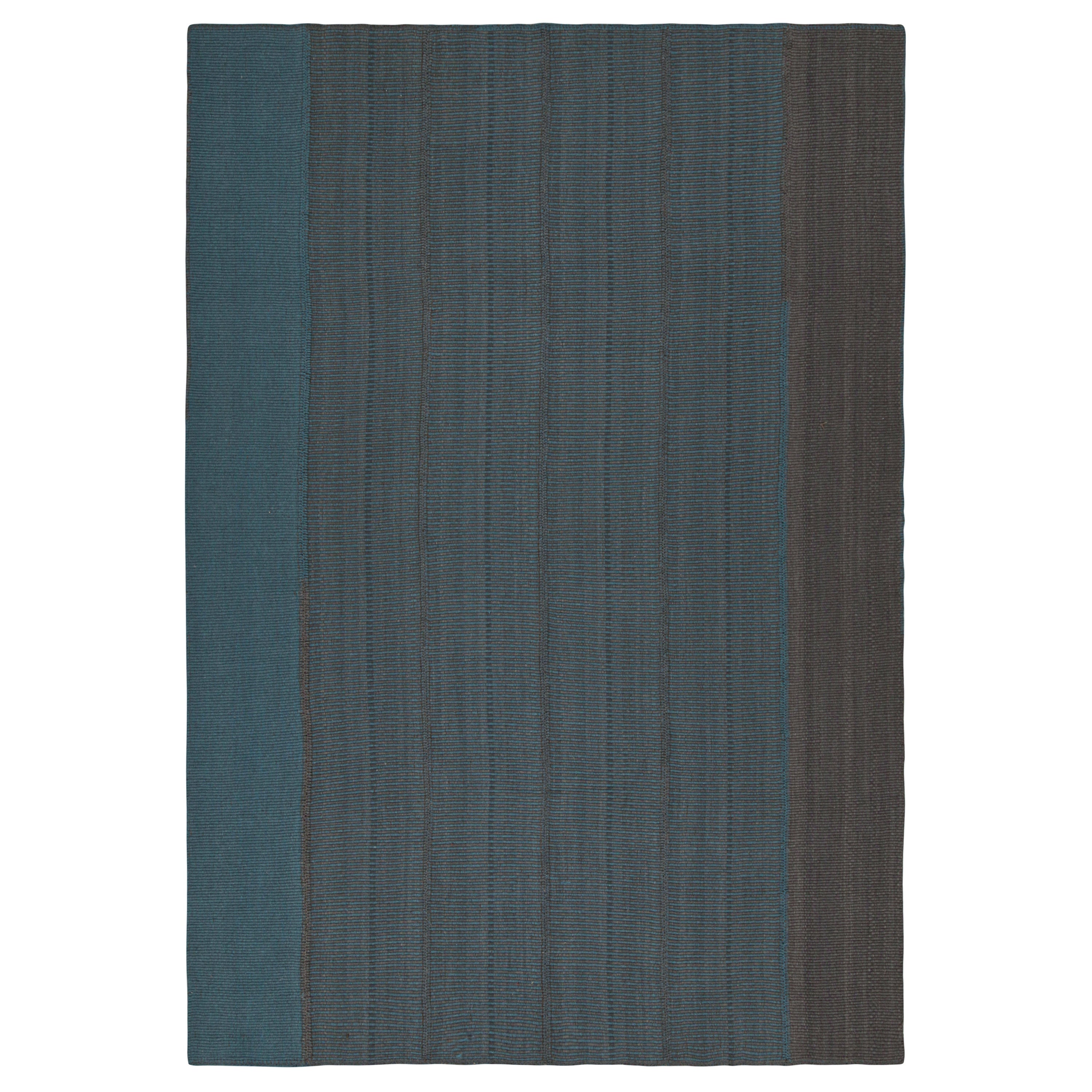 Rug & Kilim’s Contemporary Kilim in Blue with Gray Stripes and Brown Accents