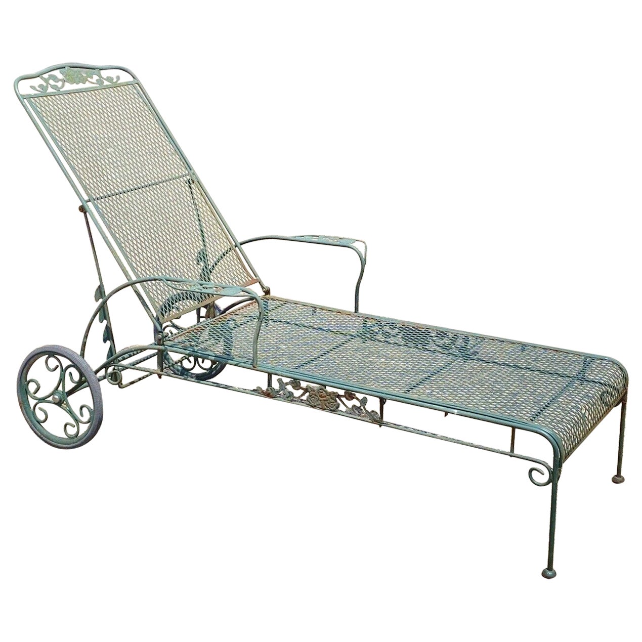 Vintage Meadowcraft Dogwood Green Wrought Iron Outdoor Patio Chaise Lounge Chair