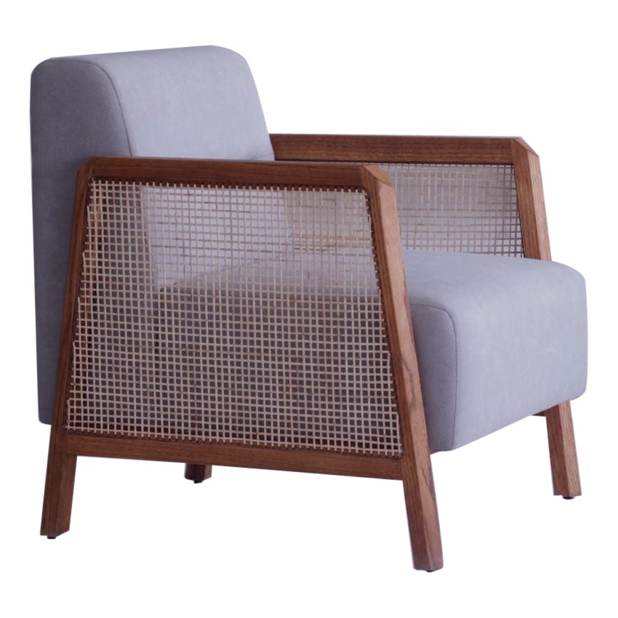 Minimal Modern Lounge Armchair in Solid Wood Oak and Natural Woven Cane For Sale