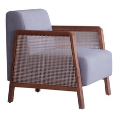 Minimal Modern Lounge Armchair in Solid Wood Oak and Natural Woven Cane