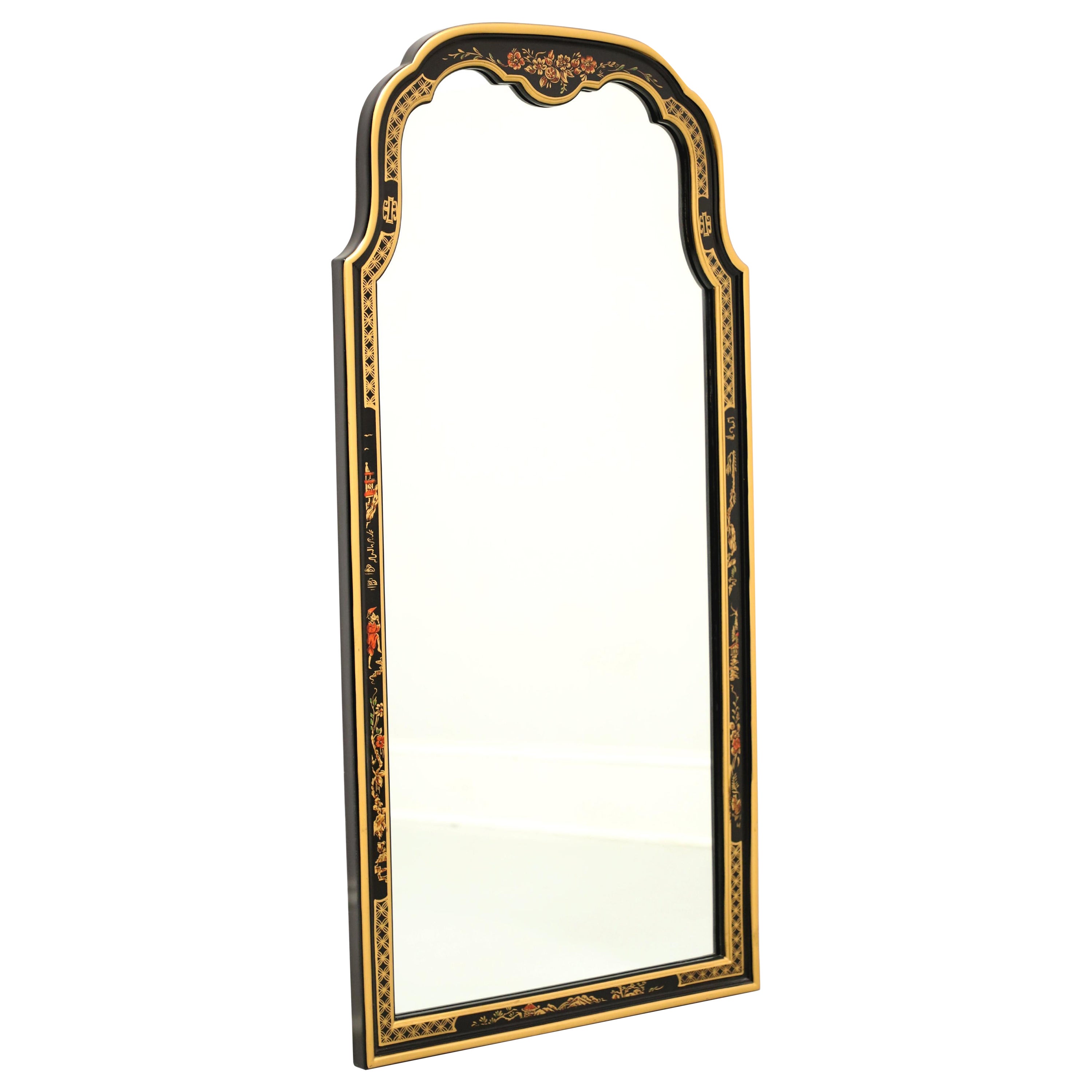 Late 20th Century Black Lacquer Hand Painted Chinoiserie Wall Mirror