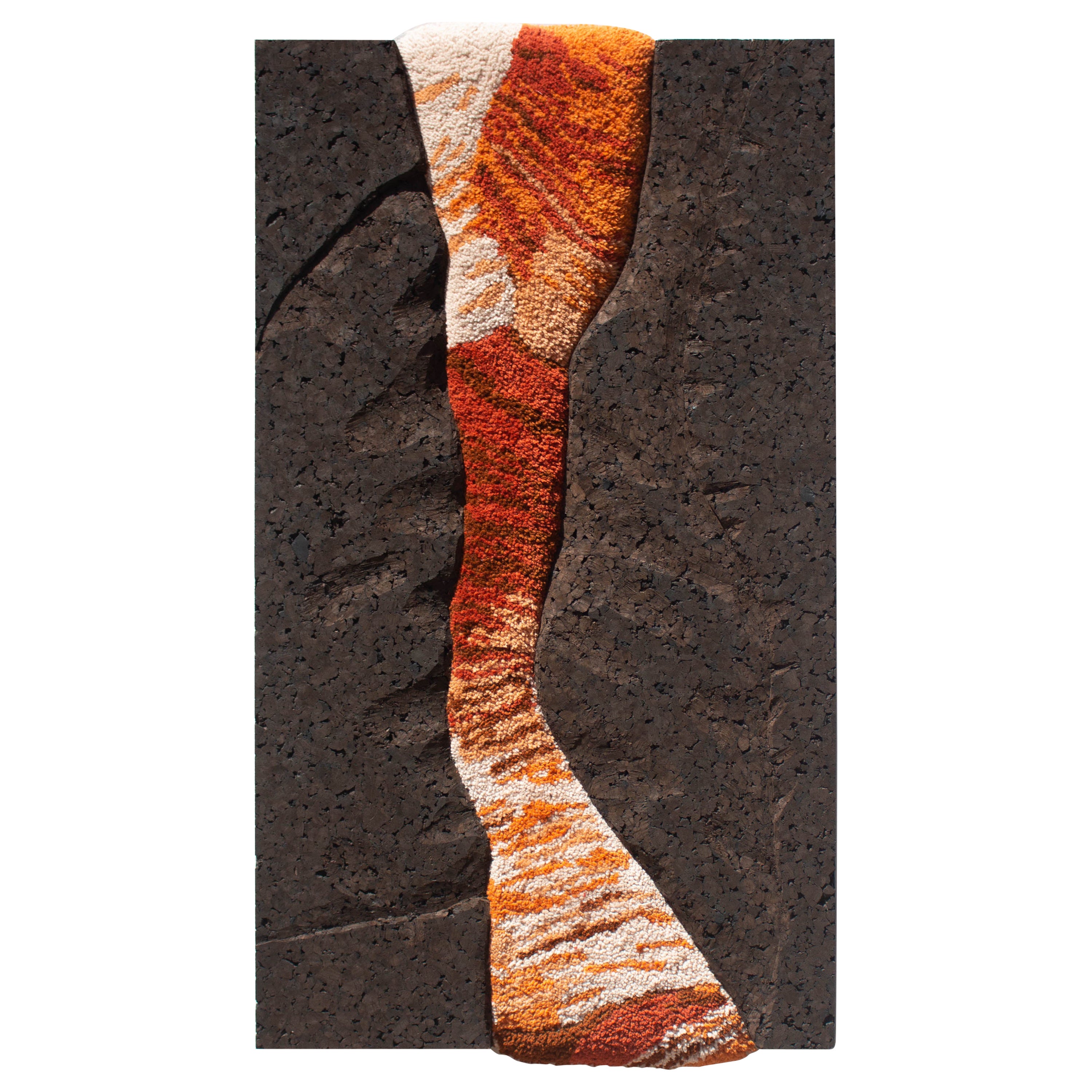 Handgefertigter Contemporary Woll-Wandteppich, schwarzer Korkrahmen, orange, von OHXOJA