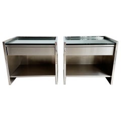 Vintage Pair Polished & Brushed Stainless Steel Single Drawer Nightstands