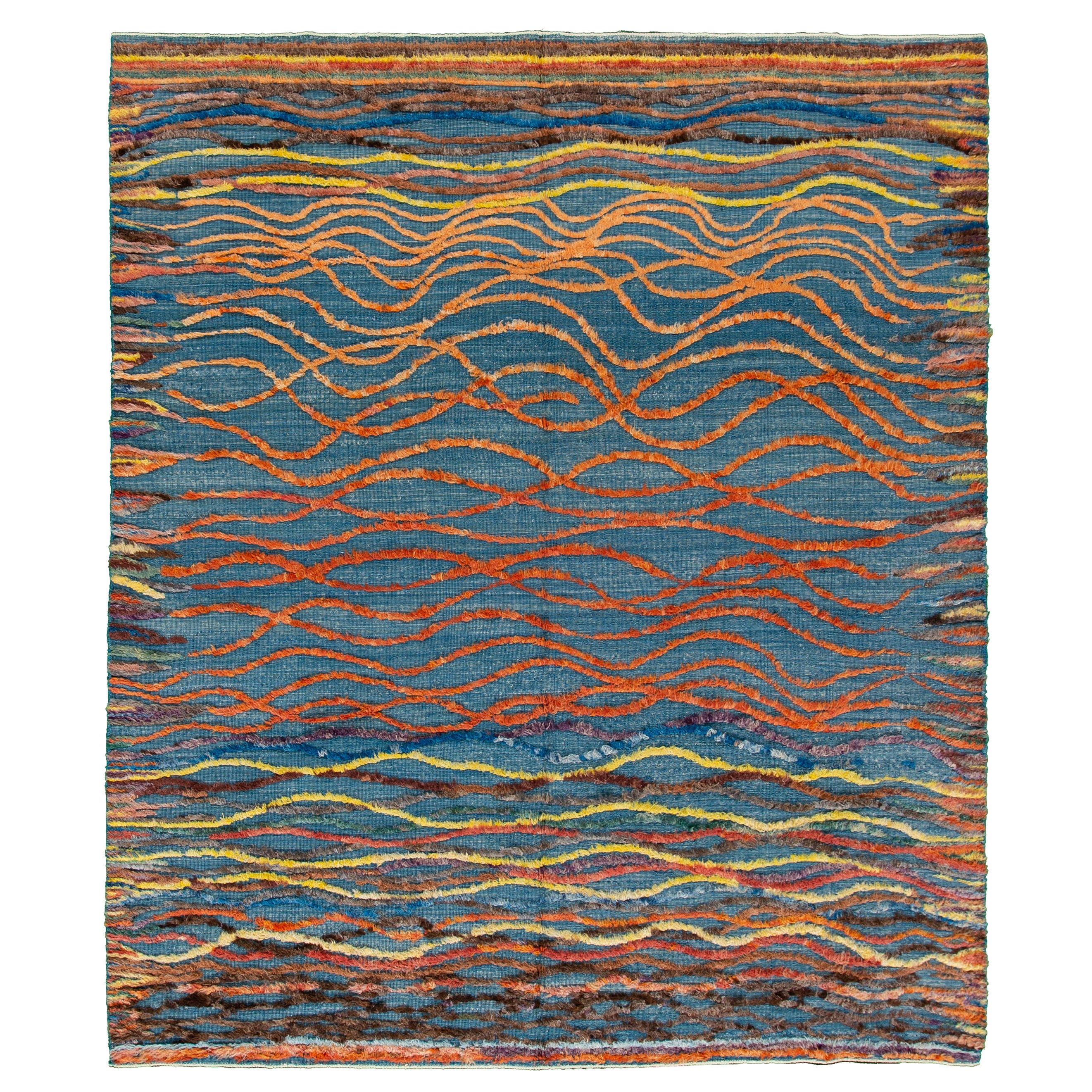 Tapis en laine bleu de style marocain moderne avec motif abstrait multicolore sur toute sa surface