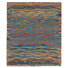 Blue Modern Moroccan Style Wool Rug with Allover Multicolor Abstract Design