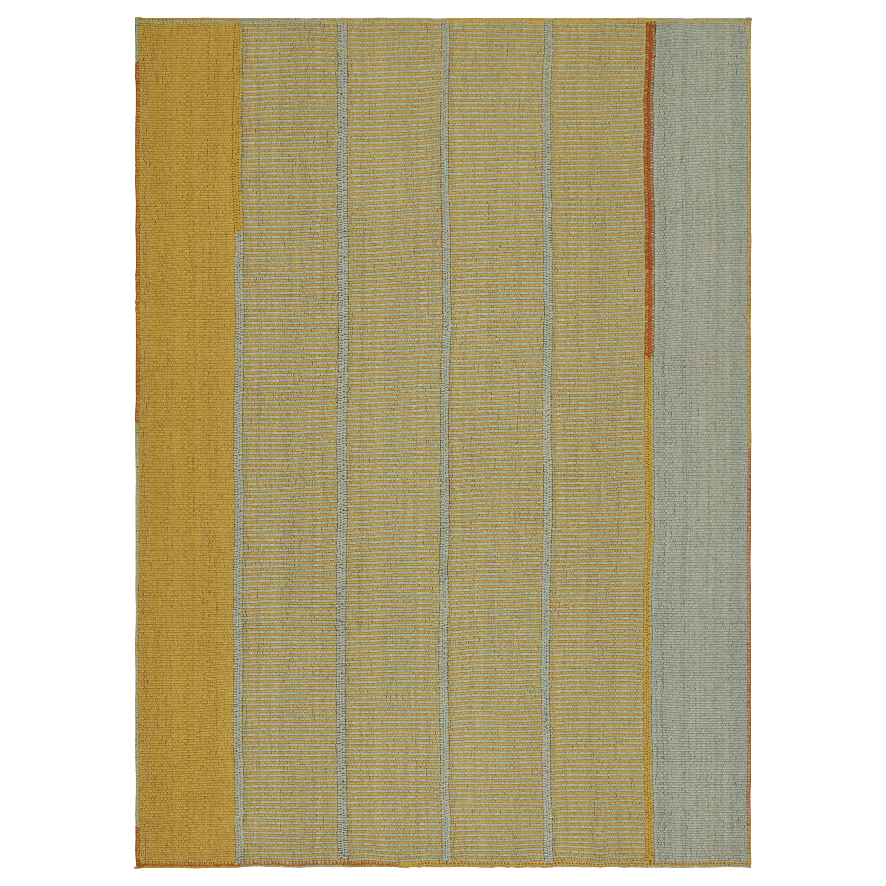 Rug & Kilim’s Contemporary Kilim in Gold and Light Blue Stripes For Sale