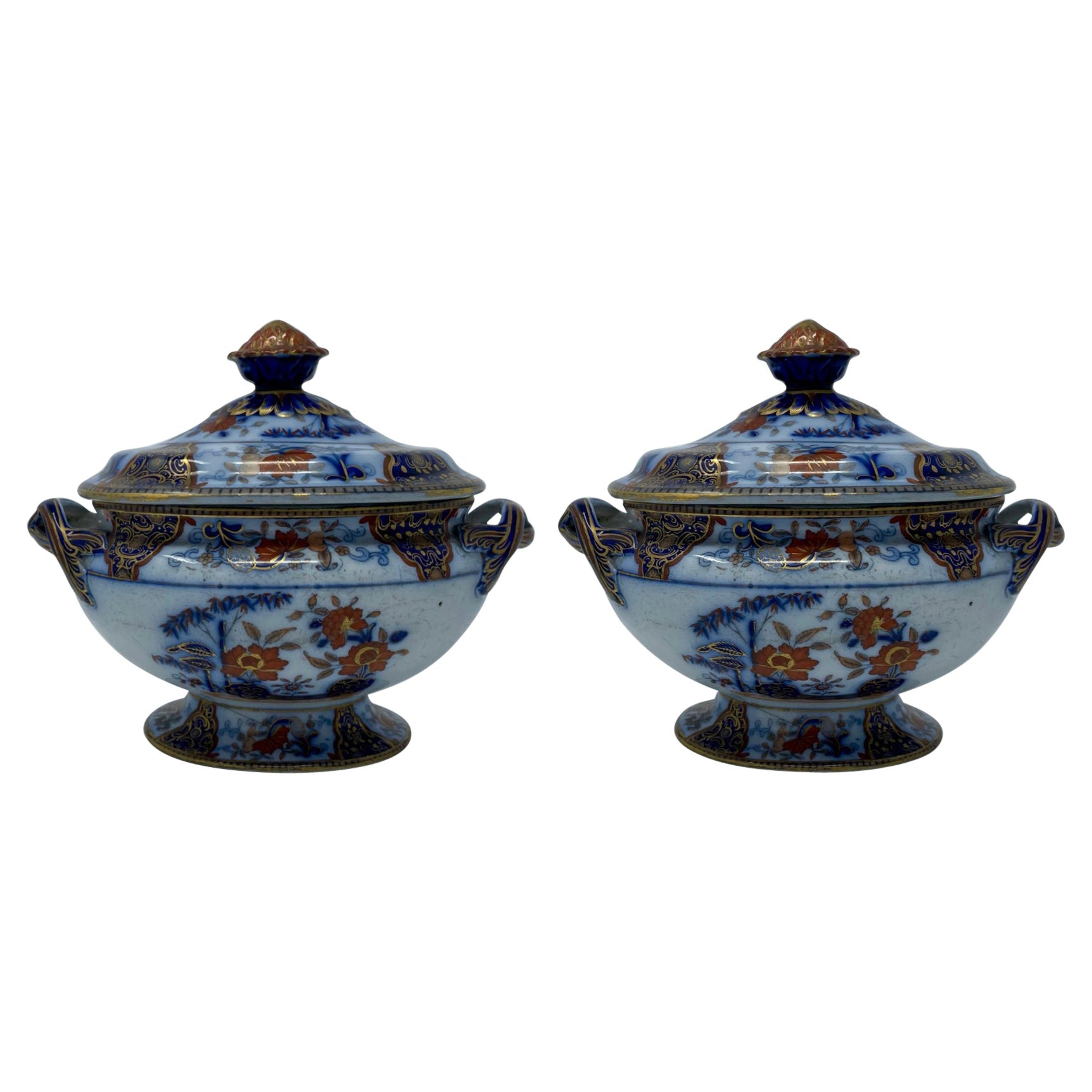 Pair of Antique English Ironstone Tureens "Dresden" Pattern